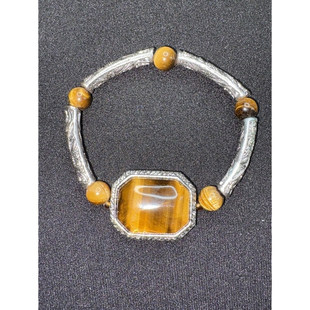 Vintage Tiger's Eye Open‎ Work Silver Tone Stretch Bracelet Heavy
